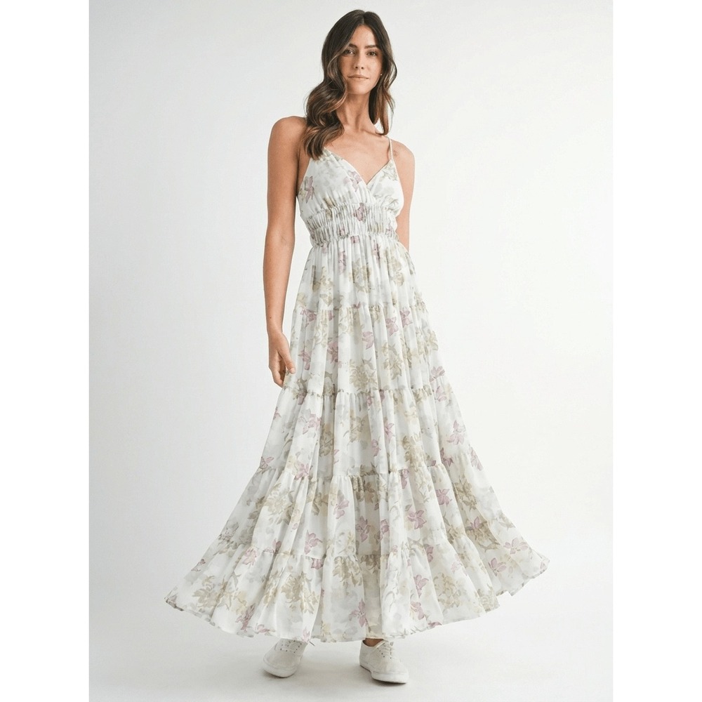 Mable Floral Tiered Garden Party‎ Maxi Dress Cream Pink Sage Smocked Boho Size M